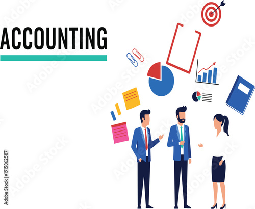 Professional accounting team collaboration with business people discussing financial reports charts and targets in flat vector style