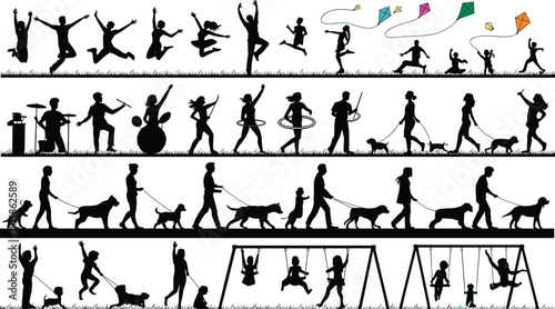 Silhouette illustration of people enjoying outdoor activities, yoga, dancing, kite flying, dog walking, music, children playing swings flat vector