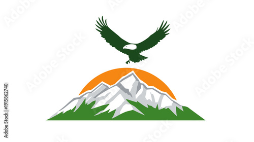 A stylized nature scene features a soaring bird above a mountain range and a rising sun