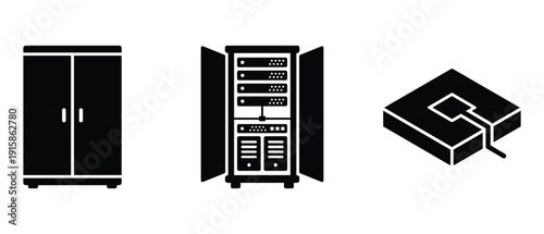 Silhouette cupboard and network server cabinet and electronic circuit component symbol set template vector