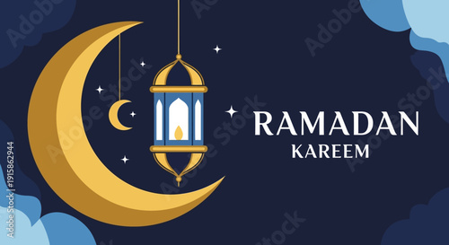 Celebrating Ramadan Kareem with crescent moon, lantern, and festive atmosphere, viewed from a direct perspective