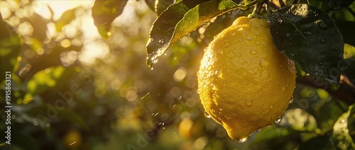 Lemon fruit citrus yellow drop water leaf tree nature sunrise cinematic orchard garden with ripe lemon fruit hanging from branch in golden morning light and fresh dew water drop detail