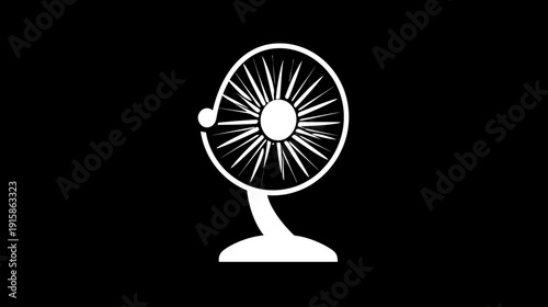 A white silhouette illustration of a desk fan against a black background. Simple, minimalist design