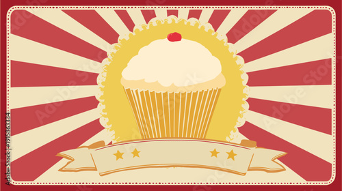 A vintage cupcake poster with a cherry on top, set against a red and cream ray-burst background