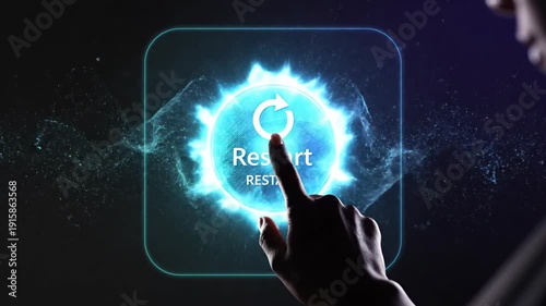 Person touching restart button on futuristic interface