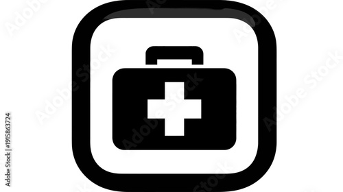 A black and white graphic icon representing a first aid kit inside of a rounded rectangle