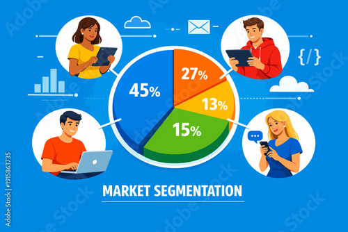 Market Segmentation Diagram. Pie Chart Visualization of Target Audience Customer Groups and Demographic Data Analysis, featuring People Using Digital Devices.