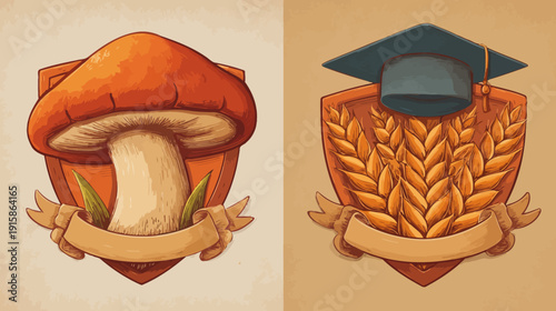 Two decorative crests a mushroom and a graduate cap with wheat, set against a two-tone background