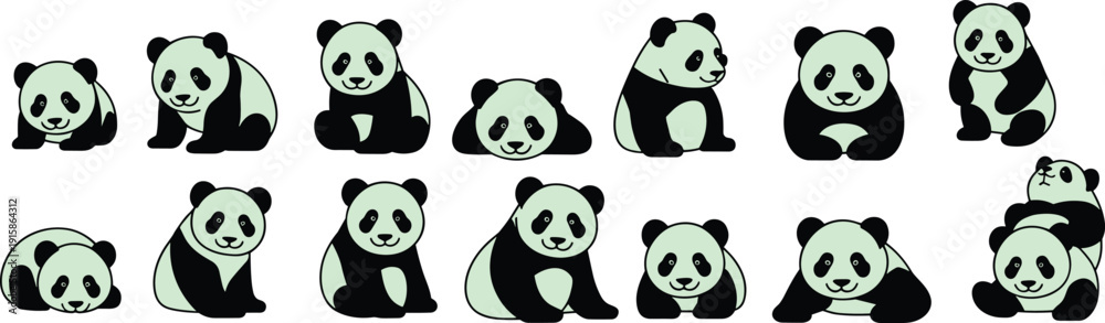 Obraz premium Cute cartoon panda bear character set in different poses, adorable animal illustration collection for kids design and wildlife concepts
