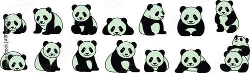 Cute cartoon panda bear character set in different poses, adorable animal illustration collection for kids design and wildlife concepts