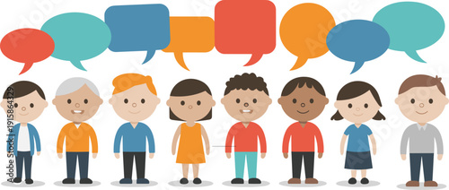 Diverse cartoon characters with colorful speech bubbles representing communication and inclusion