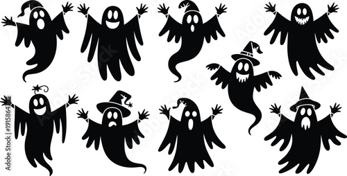Halloween ghost silhouette collection, spooky cartoon spirits and witch ghosts illustration, playful horror character set isolated festive background