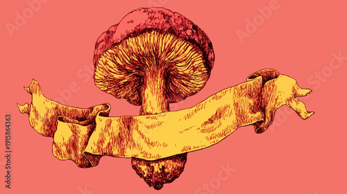 Illustration of a mushroom with a ribbon on a coral background, sketch style
