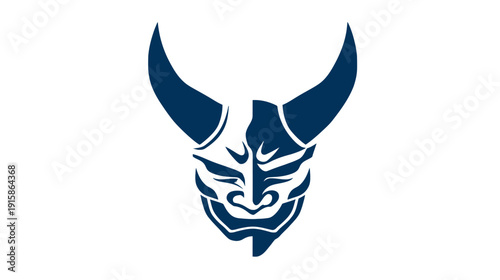 A dark blue, stylized oni mask silhouette with prominent horns, set against a pristine white background