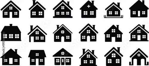 House icon silhouette collection, residential home building symbols set, real estate property signs, simple architecture pictogram illustration pack