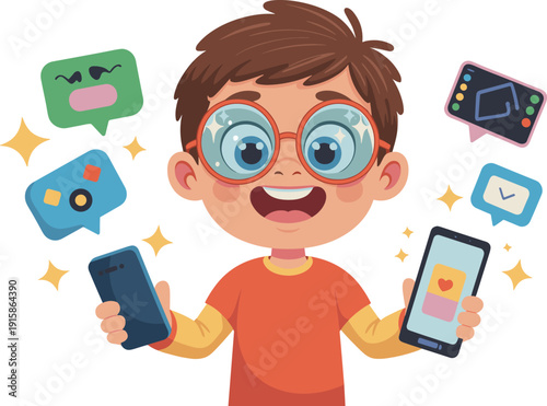 Happy cute boy using smartphone with social media notifications, chatting messaging apps concept, kids technology addiction cartoon illustration