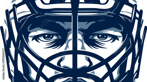 A stylized hockey goalie mask, blue hues with symmetrical features, white background