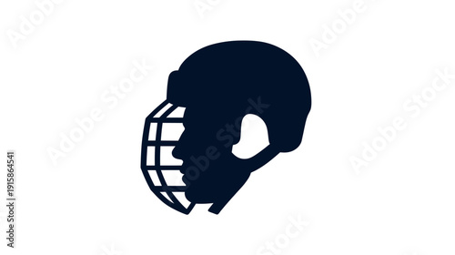 A side view depiction of a helmet with a face cage, in dark blue against a white background