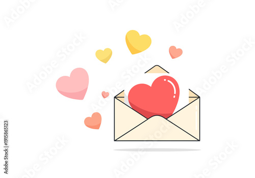 Heart in envelope with floating hearts illustration