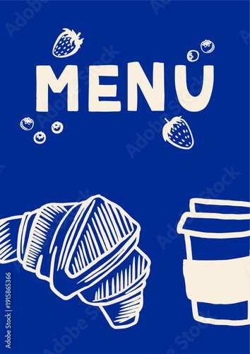Hand-drawn bakery menu flyer. Set of vintage banners with croissants and eclairs sketched vector illustrations on a blue background.