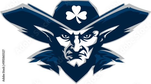 A stylized, fierce-faced character in a tricorn hat with a white shamrock detail