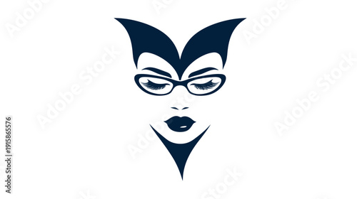 A stylized illustration features a woman's face with dramatic horns, wearing glasses, and full lips