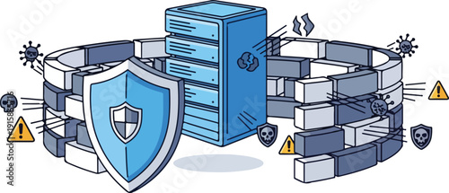 Server protection with shield and firewall surrounding a database, viewed from the front