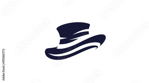 A dark blue fedora hat illustration with stylized lines and curves, set against a pure white background