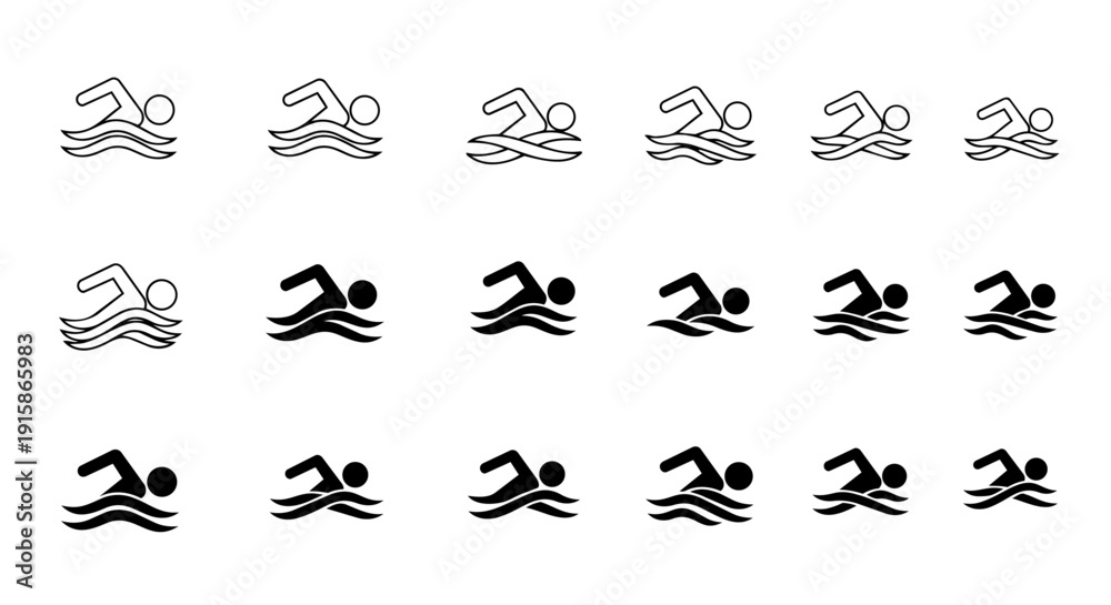 Fototapeta premium Swimming icon set – swimmer stroke vector collection