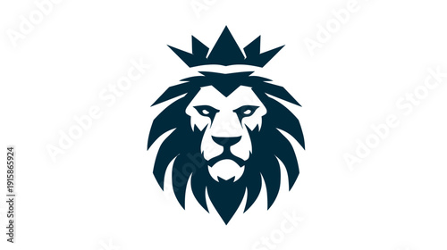 A stylized lion's head with a crown, presented in a minimalist, navy blue color scheme