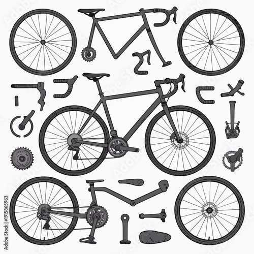 Bicycle & Components – Technical Sketch Style Vector Illustration Set