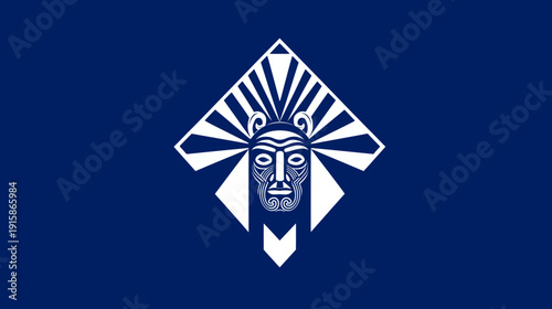 Stylized tribal face with radiating lines and geometric shapes on a navy blue background