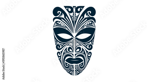 A symmetrical face mask, dark teal, featuring stylized facial features and intricate patterns on a white background