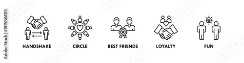 Friendship banner web icon illustration concept with icon of handshake, circle, best friends, loyalty, fun