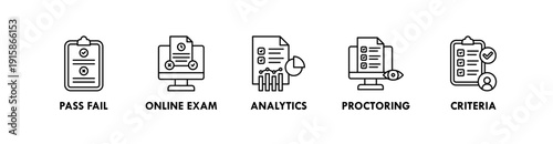 Exam and Assessment banner web icon illustration concept with icon of pass fail, online exam, analytics, proctoring, criteria