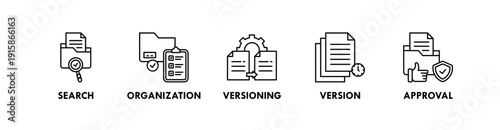 File Management banner web icon illustration concept with icon of search, organization, versioning, version, approval