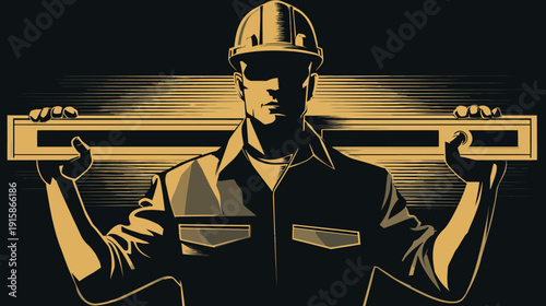 Construction worker holds a level with hands. Dark background with golden lines