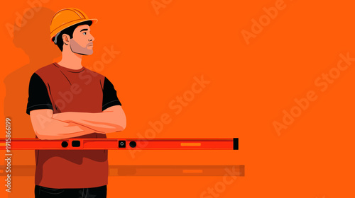 A construction worker in a hard hat and red shirt looking to the right with arms crossed