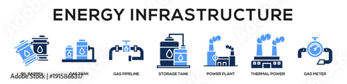 Blue - Energy Infrastructure web banner icon vector illustration concept for business with icon of Oil barrel, Gas tank, Gas pipeline, Storage tank, Power plant, Thermal power, Gas.