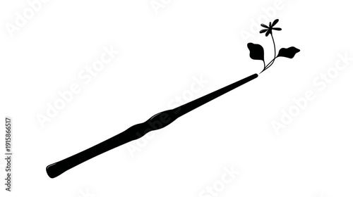 A black and white illustration of a wand sprouting leaves and a small flower