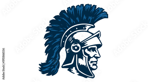 A side profile of a helmeted warrior, with a dark blue plume, isolated on a white background