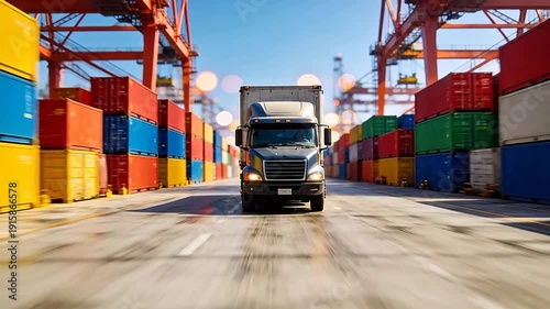 Wallpaper Mural Truck in container port with cranes Torontodigital.ca