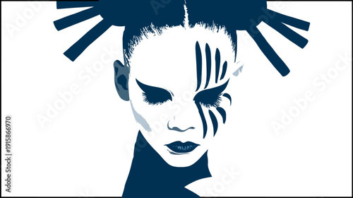 A woman's face, a graphic design in tones of blue, adorned with stylized facial markings