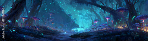 Panel kuchenny z motywem a fantasy forest with glowing mushrooms and bioluminescent plants, set in an ancient realm of magic and mystery.