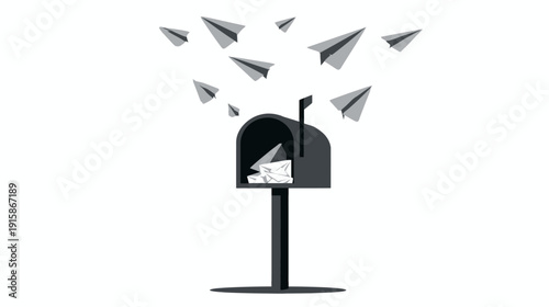 A grayscale illustration of a mailbox overflowing with letters as paper airplanes fly away