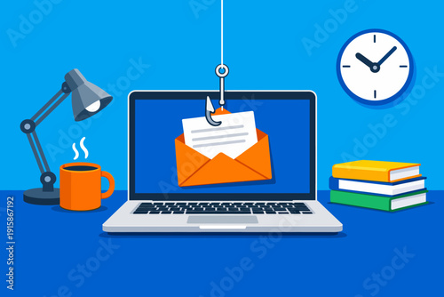 Phishing Email Scam on Laptop Screen. Cyber Security Warning. Hacking and Data Theft Concept with Fishing Hook in Envelope.