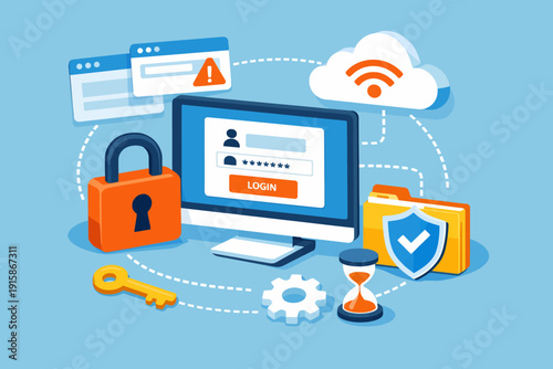 Cybersecurity and Data Protection Concept. Secure Digital Login, Authentication System, Cloud Network Privacy, and Online Information Safety.