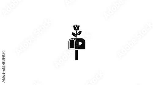 A black and white illustration of a mailbox with a rose growing out of it, on a white background