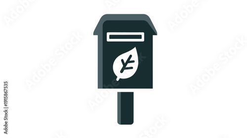 A stylized mail receptacle in a dark teal hue, featuring a leaf emblem and a slot on its front