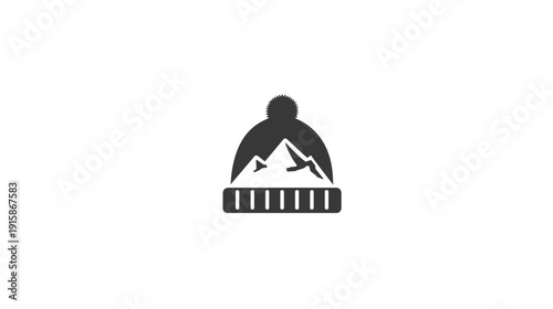 A dark gray stylized illustration of a winter hat with mountains inside. The background is white
